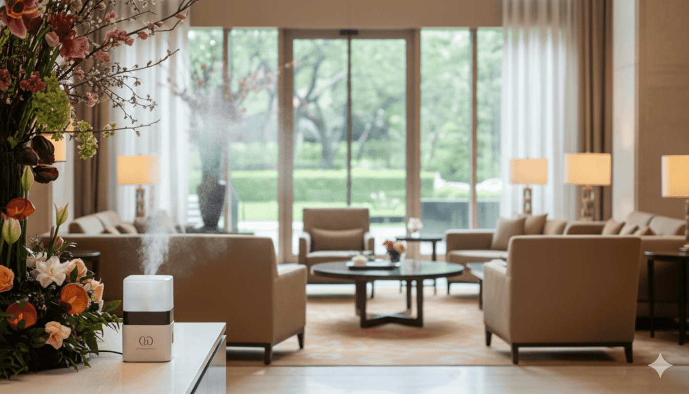 エントランスで香りをまとわせる高級ホテルロビーの様子