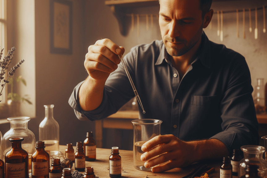 調香師が高級化粧品ブランドのためにオリジナルフレグランスを調合する様子