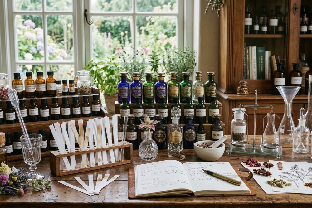 様々な天然香料や合成香料のサンプルが並ぶ調香台